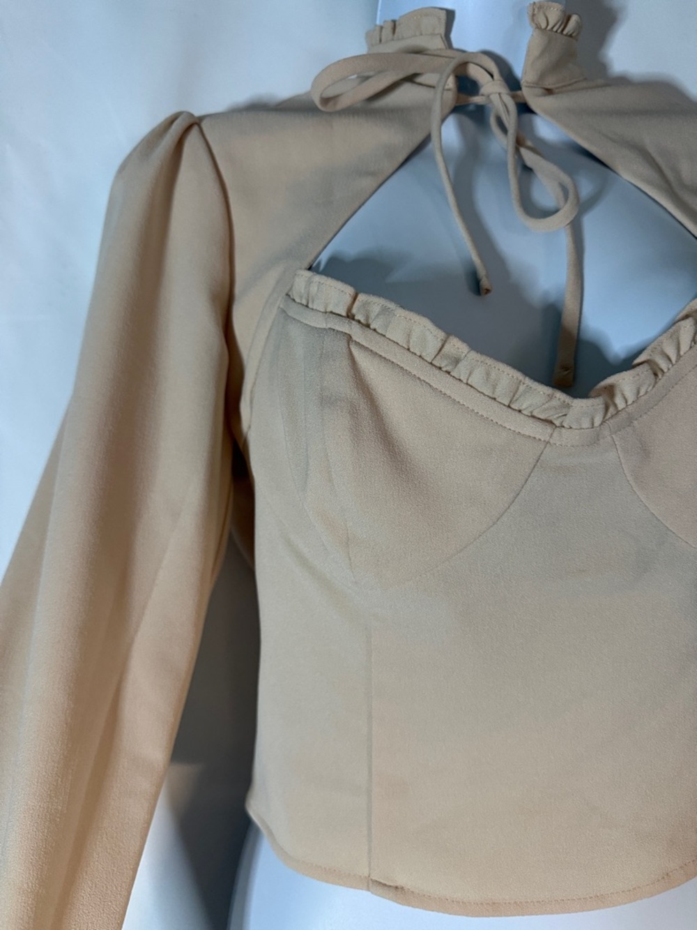 Forever 21 Nude Beigey Cutout Ruffle-Trim Long Sleeve Crop Top - Picture 2 of 6